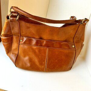 J CREW COLLECTION LG CHESTNUT LEATHER BRASS SATCHEL BUCKET STRAPS POCKETS BAG